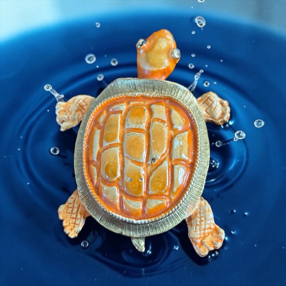 Vintage Orange Turtle Brooch Big Enamel Rhinestone Eyes Figural Statement Pin